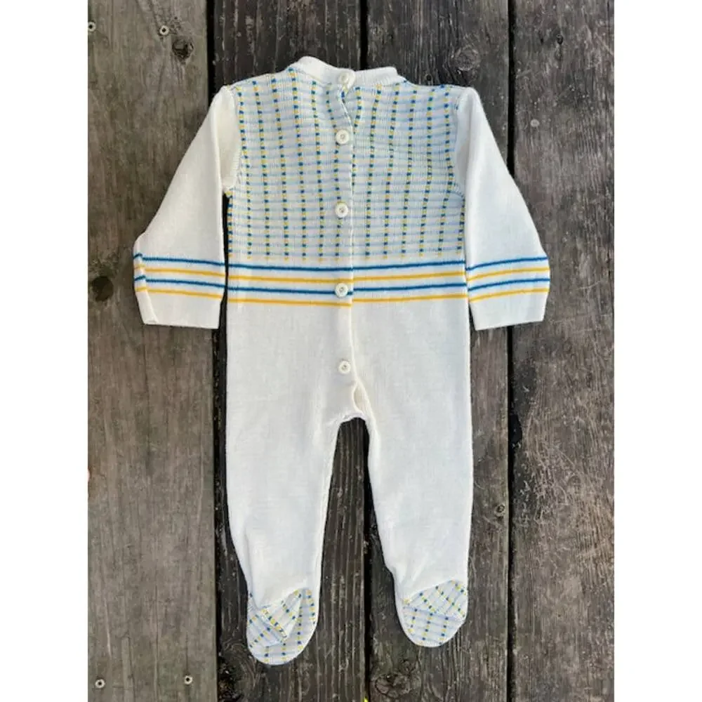 kids pajamas sweater knit footie vintage white blue yellow
